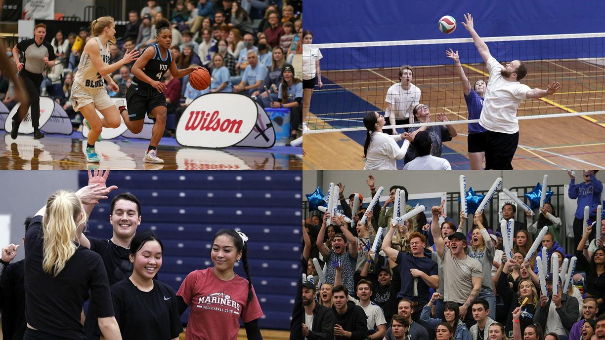 a collage of four photos showing VIU students enjoying participating in and cheering on sports.